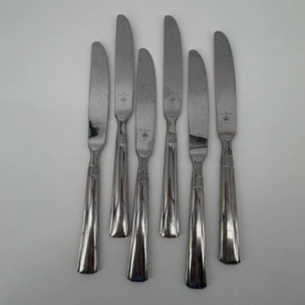 Pfaltzgraff Kenilworth Stainless Steel Dinner Knives Ribbed Neck Set of 6 Silver